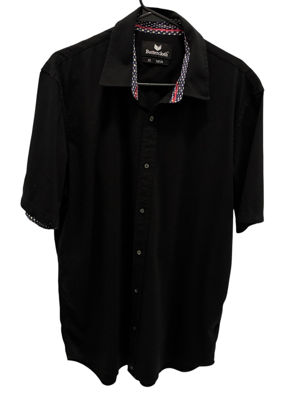 Buttercloth Men’s Black Short Sleeve Cotton Button-Up Point Collar Shirt XL Tall